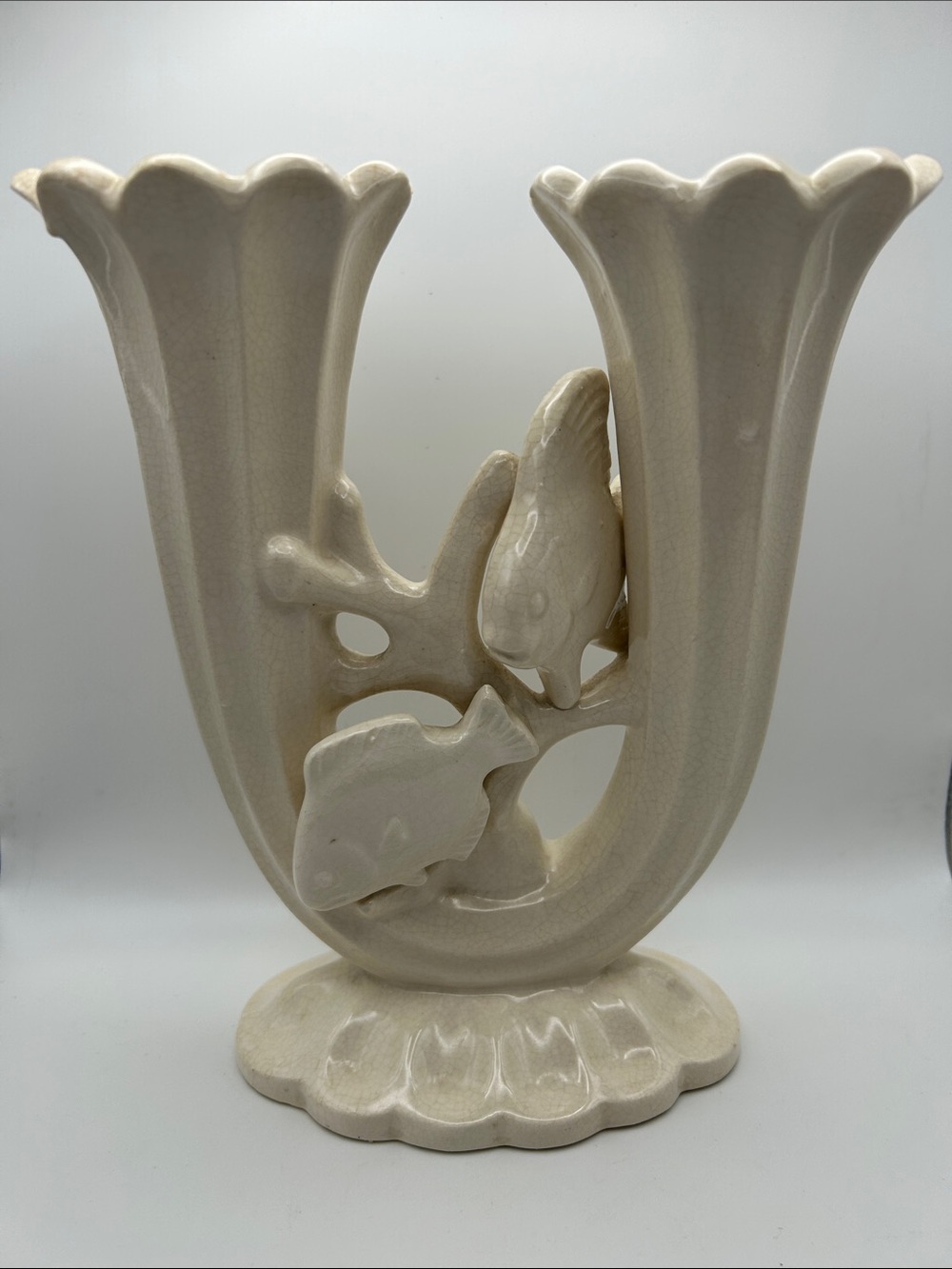 Vintage made in Japan Ceramic Double-Tube Fish Accent Vase in Cream 8”H